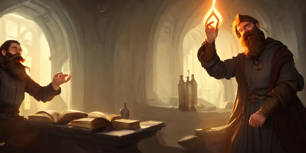 Image similar to a handsome bearded caucasian male sorcerer with brown hair, he is in a alchemist lab, casting a spell from a book, action pose, digital art, concept art, 4 k, super coherent, unreal engine, by dave melvin and greg rutkowski