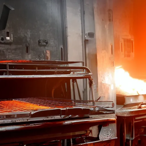 Image similar to toaster ovens on conveyor belt, dark messy smoke - filled cluttered workshop, dark, dramatic lighting, orange tint, sparks, cinematic, highly detailed, sci - fi, futuristic, movie still