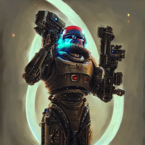 Image similar to cyborg anthropomorphic shiba inu warhammer 4 0 k emperor armor realistic scifi cyberpunk, holding scifi neon laser gatling gun portrait art by donato giancola and greg rutkowski, realistic face, digital art, trending on artstation, symmetry