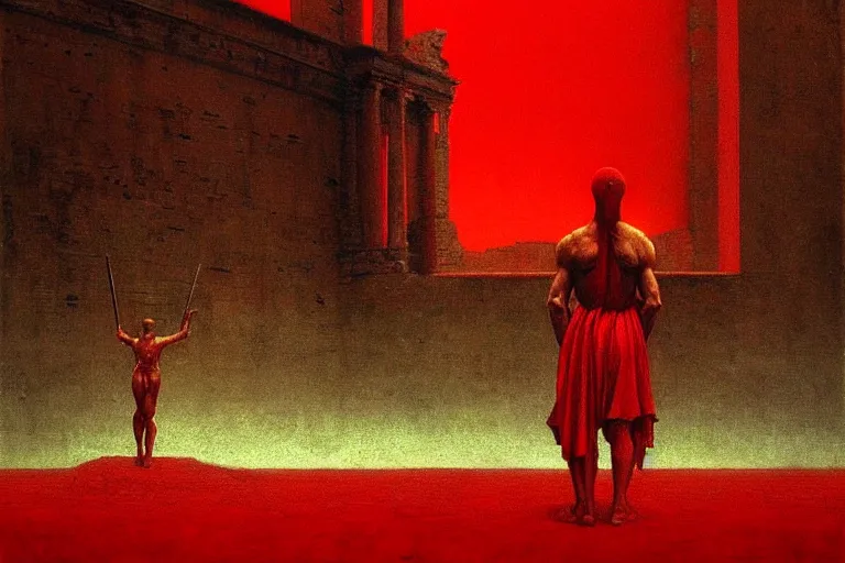 Image similar to only with red, caesar after war, a red tiger, in hoc signo vinces, rome in background, an ancient path, in the style of beksinski, part by hopper, part by rodcenko, part by hofbauer, intricate composition, red by caravaggio, insanely quality, highly detailed, masterpiece, red light, artstation