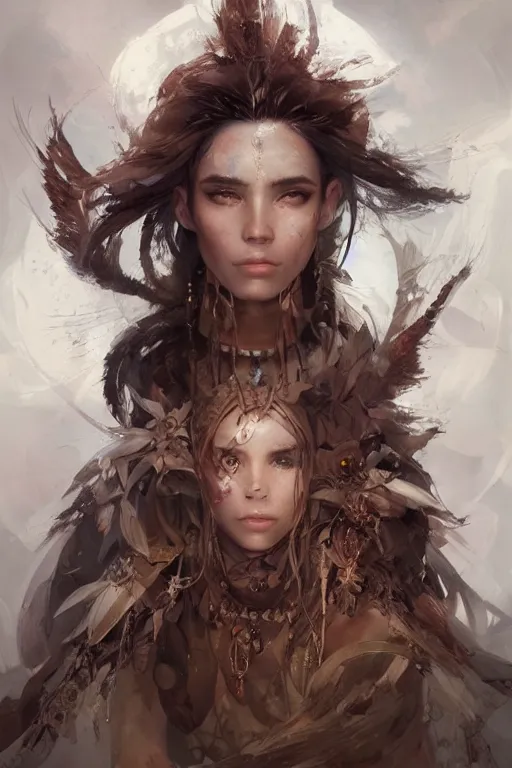 Image similar to A masterpiece portrait of a Incredibly beautiful queer Syberian post apocalyptic shaman girl . medium shot, intricate, elegant, highly detailed. trending on artstation, digital art, by Stanley Artgerm Lau, WLOP, Rossdraws, James Jean, Andrei Riabovitchev, Marc Simonetti, Yoshitaka Amano