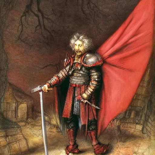 Prompt: “ a detailed realistic fantasy pastel with pencil illustration of a handsome smug vampire with white hair and red eyes, stands in center with open arms, wearing metal ornate armor with red details. other vampires surround him and are helping him put on a cape and preparing his sword. by rembrandt ”