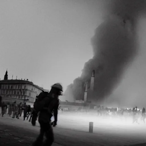 Prompt: apocalypse under the pisa tower, live tv news shot, camera shot, fire and destruction, chaos, fog and dust, realistic, close shot, people screaming and running everywhere, apocalypse, dust - n 4