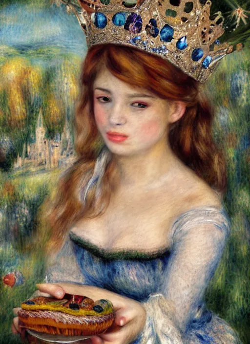Image similar to closeup medieval renoir face portrait of a fairytale princess wearing a crown eating cakes in the castle, bikini, depth of field, zeiss lens, detailed and intricate environment, fashion photoshoot by nicoletta ceccoli, mark ryden, lostfish, breathtaking, 8 k resolution, extremely detailed, beautiful, establishing shot, artistic, hyperrealistic, octane render