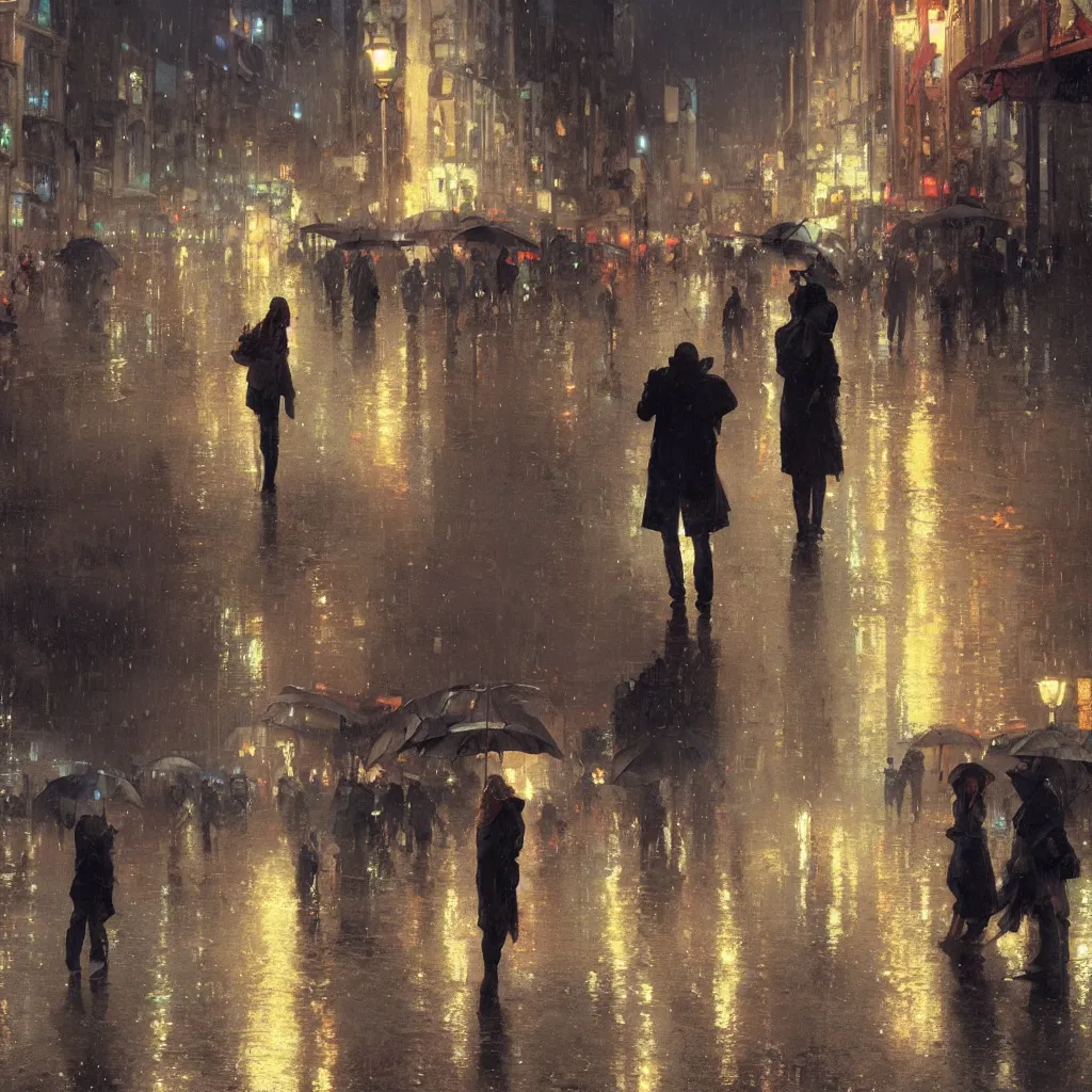 Image similar to a beautiful city at night, wet sidewalk, people, reflections, raindrops, art by craig mullins, greg rutkowski, alphonse mucha, trending on artstation, extremely detailed, masterpiece