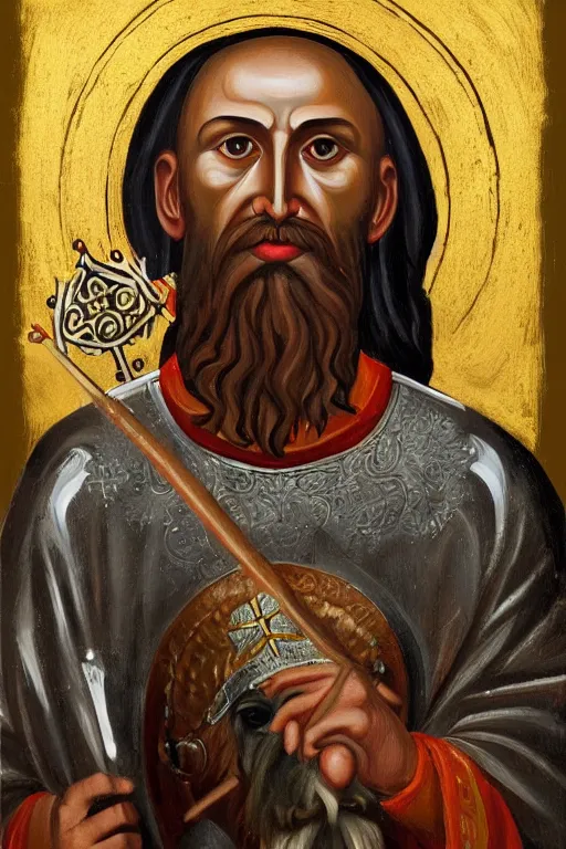 Prompt: Slavic dog head man, Orthodox Saint Christopher, oil painting, hyperrealism, beautiful, high resolution, trending on artstation, with an axe,