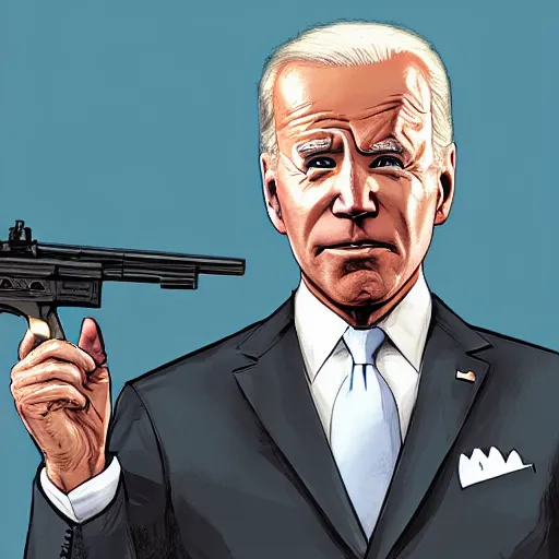 Prompt: Joe Biden holding a gun in a GTA 5 loading screen, concept art by Anthony McBain, trending in artstation, artstationHD, artstationHQ