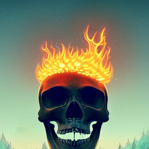 Prompt: A stunning profile of a symmetrical skull on fire by Simon Stalenhag, Trending on Artstation, 8K