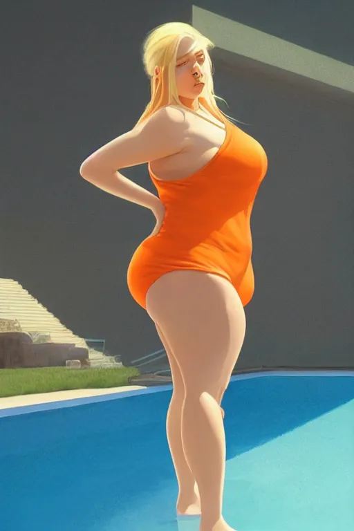 Prompt: a beautiful chubby woman with very long hip-length blonde hair, wearing a cut-off white top and short light orange cut-off shorts, stands by a swimming pool, in the style of artgerm and moebius and annie liebovitz, photorealistic, highly detailed, trending on artstation