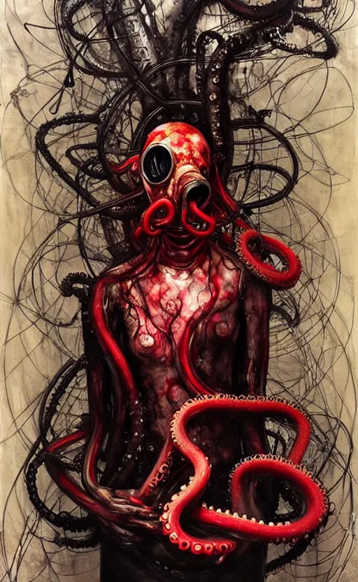 Prompt: an eldritch abomination, wearing gas masks, tentacles, cinematic, dystopian, eerie, horror, gothic, draped in gold, black and red, highly detailed painting by !!!Jenny Saville!!!, Esao Andrews, (((Francis Bacon))), Edward Hopper, surrealism, art by Takato Yamamoto and James Jean