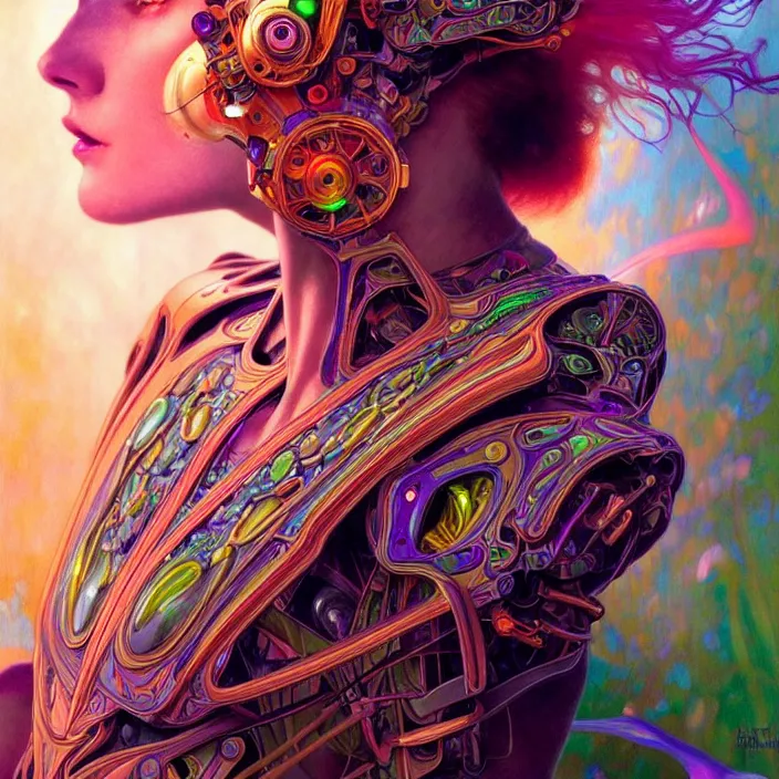 Image similar to bright psychedelic organic cyborg, 4th dimensional, diffuse lighting, fantasy, intricate, elegant, highly detailed, lifelike, photorealistic, digital painting, artstation, illustration, concept art, smooth, sharp focus, art by John Collier and Albert Aublet and Krenz Cushart and Artem Demura and Alphonse Mucha