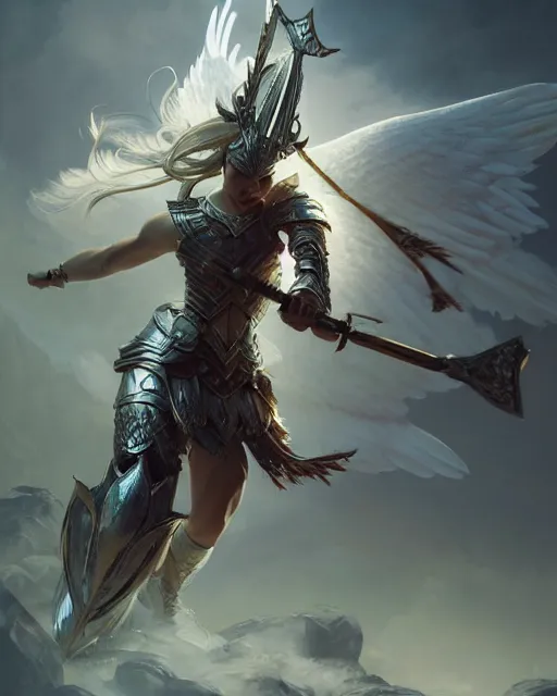 Image similar to a fantasy valkyrie, stunning armor, highly detailed full body, epic composition, dynamic pose, concept art, global illumination digital painting, smooth, desaturated color, sharp focus, post processing, artstation, by ruan jia, tooth wu, wlop, james jean, ryohei hase, karl spitzweg, rutkowsky