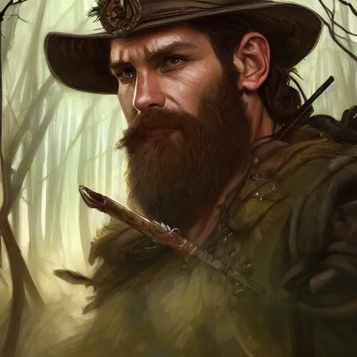 Image similar to portrait of rugged male ranger in the forest, masculine, D&D, muscular, fantasy, intricate, elegant, highly detailed, digital painting, artstation, concept art, smooth, sharp focus, illustration, art by artgerm and greg rutkowski and alphonse mucha