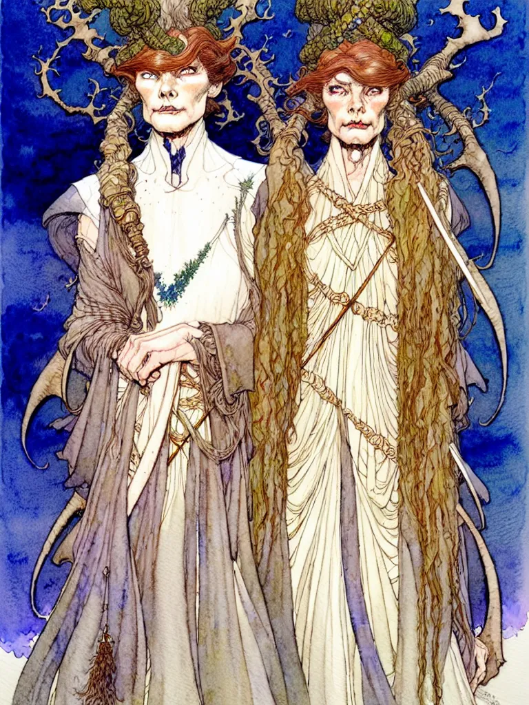 Image similar to a beautiful and very detailed character concept watercolour portrait painting by alan lee, rebecca guay, michael kaluta, charles vess and jean moebius giraud of a sanna marin, the prime minister of finland as a druidic wizard