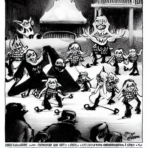 Prompt: Hell freezes over and all the little devils go ice skating, cartoon by Bill Ward