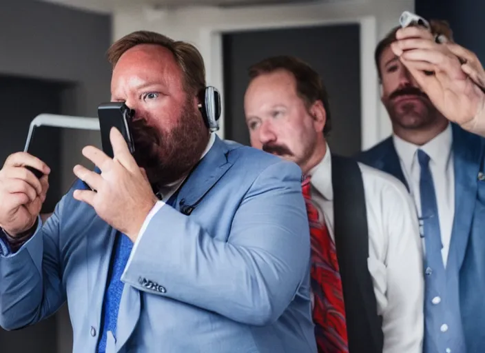 Image similar to dslr photo still of infowars host alex jones in a blue suit fat beard and mustache sitting depressed in a room filled to the ceiling with cell phones, 5 2 mm f 5. 6