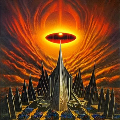 Image similar to barad - dur ( dark fortress ) and the eye of sauron, large scale painting by robert mccall and vladimir kush