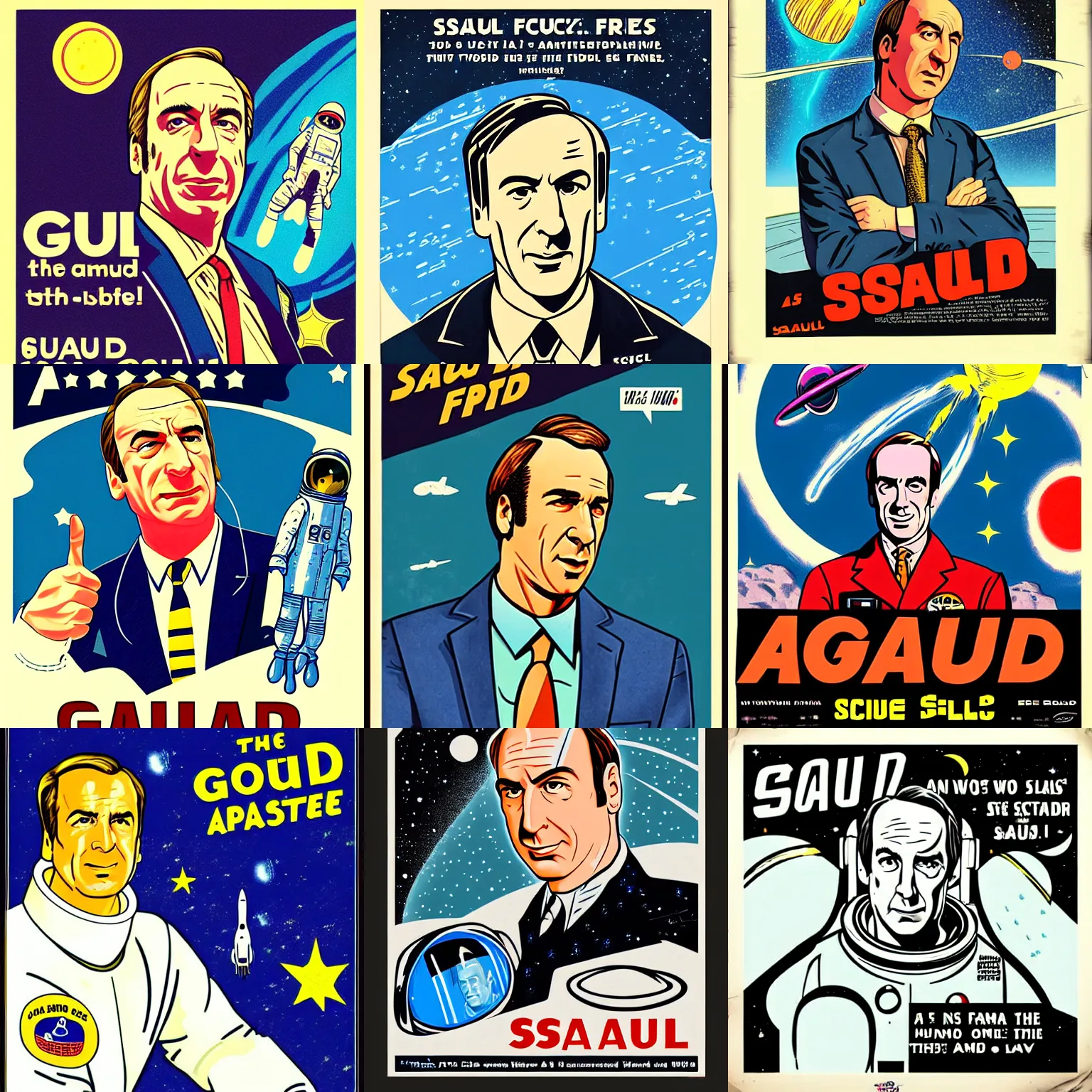 Prompt: saul goodman as an astronaut in the style of a 1950s sci-fi poster, hand drawn
