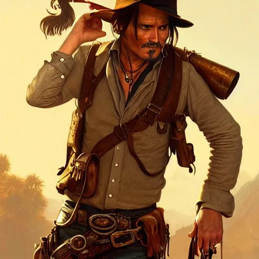 Image similar to Johnny Depp as Nathan Drake, western, D&D, fantasy, intricate, elegant, highly detailed, digital painting, artstation, concept art, matte, sharp focus, illustration, art by Artgerm and Greg Rutkowski and Alphonse Mucha