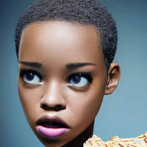 Image similar to stunning, coherent, impressive, detailed still of black girl with short blonde hair, follow shot, 3d, in the style of pixar, comic book style, 3d, highly detailed, sharp focus, bokeh, depth of field, 16k resolution, Unreal Engine 5, coherent, cinematic lighting, photorealistic, by Zhang Jingna