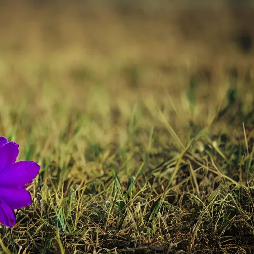 Image similar to purple flower in a dead field, all alone, 4k, cinematic,