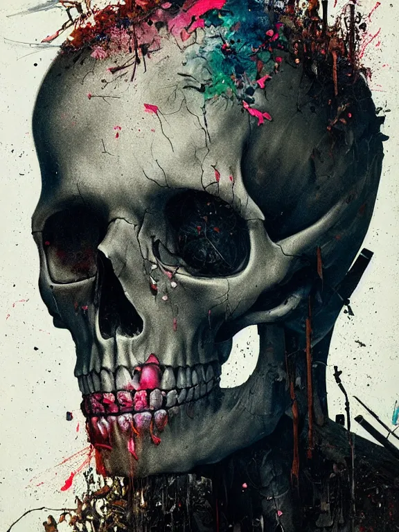 Prompt: art portrait of a skull, decaying ,8k,by tristan eaton,Stanley Artgermm,Tom Bagshaw,Greg Rutkowski,Carne Griffiths,trending on DeviantArt,face enhance,hyper detailed,minimalist,cybernetic, android, blade runner,full of colour,