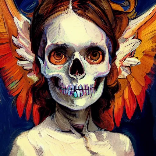 Prompt: a portrait of a child girl skull face, kid, innocent angel, wings, in the style of artgerm, van gogh, atey ghailan and steve mccurry, vibrant colors and hard shadows and strong rim light, lucien freud, comic cover art, trending on artstation