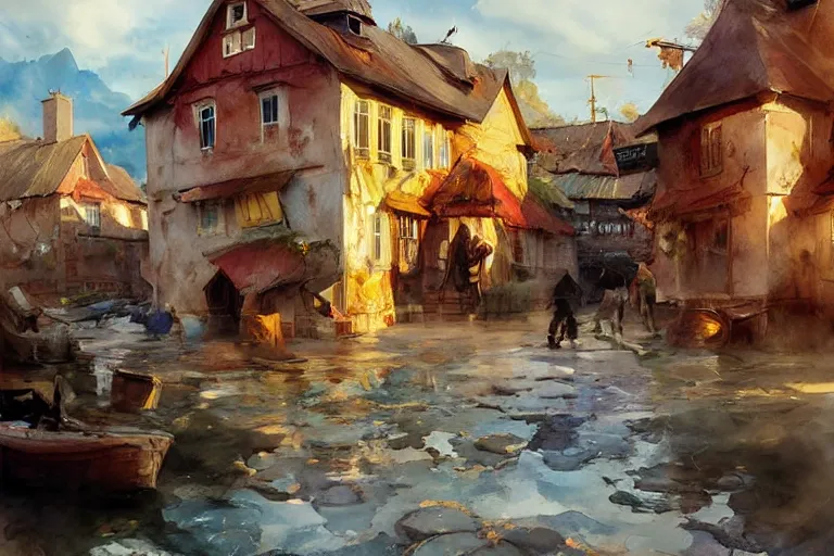 Image similar to paint brush strokes, abstract watercolor painting of rustic village at midday, ambient lighting, art by hans dahl, by jesper ejsing, art by anders zorn, wonderful masterpiece by greg rutkowski, cinematic light, american romanticism by greg manchess, creation by tyler edlin