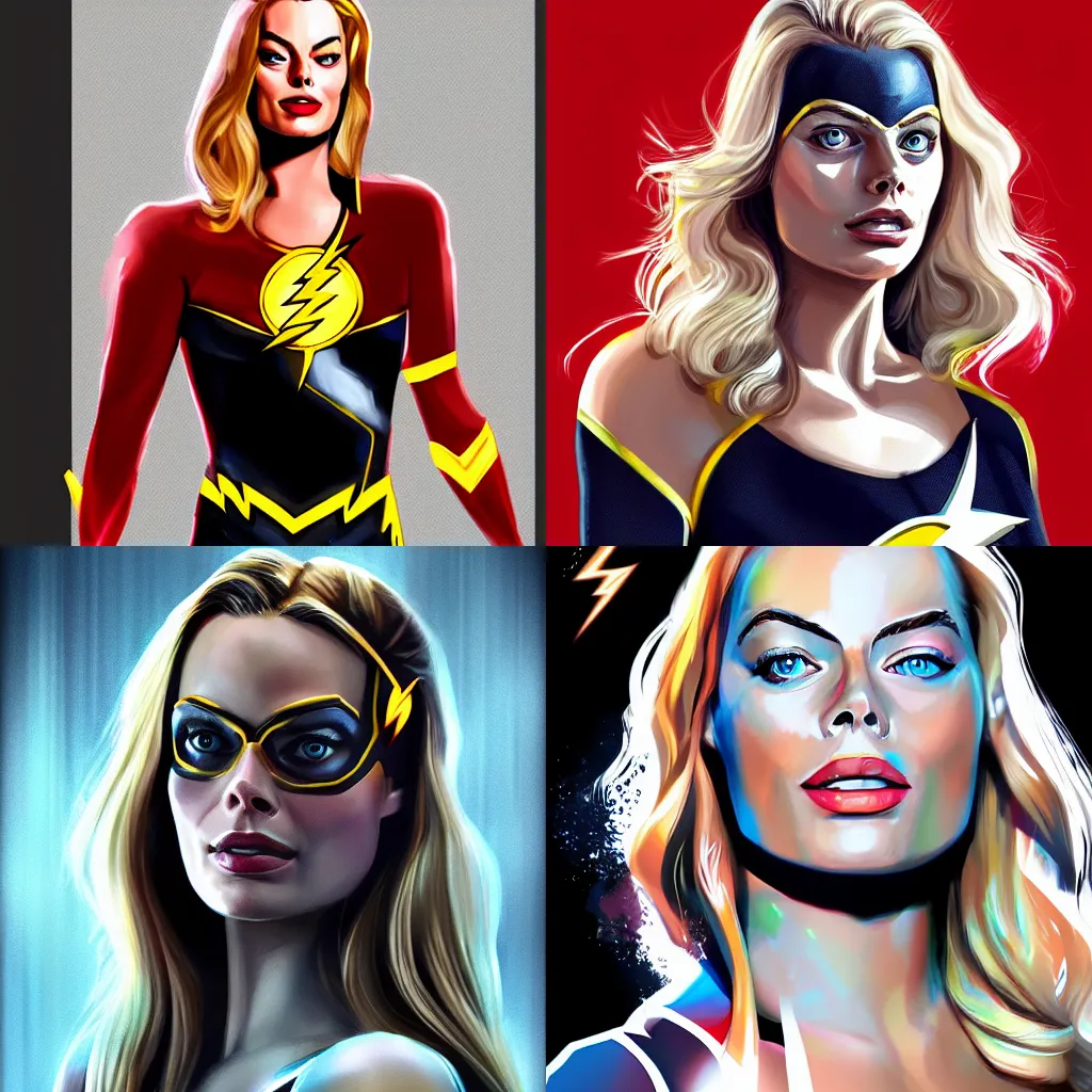 Prompt: Margot Robbie as The Flash, digital painting, digital art trending on artstation