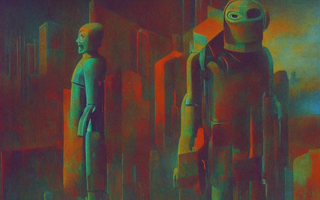 Image similar to colorized movie still from Metropolis: a robot wandering the city at night, oil painting by zdzisław beksiński, iridescent color palette chromatic aberration