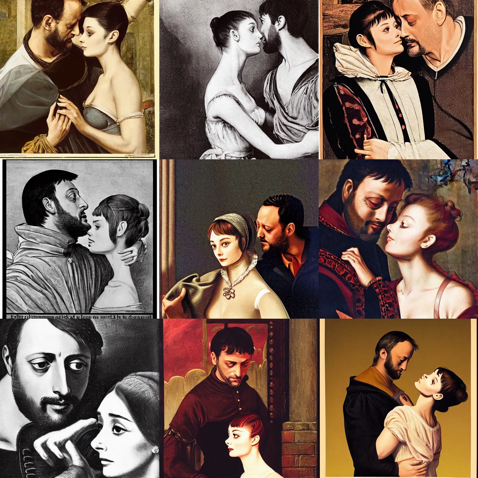 Prompt: In the 15th century Romeo (Jean Reno) and Juliet (Audrey Hepburn), are looking at each other romantically. tragic, ((restrained)), lumnious, stage lights, 18th theater poster by Alfred Elmore, Mather Brown