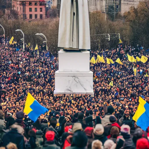 Prompt: a crowd of people with ukrainian flags throw down a statue of vladimir lenin, leica sl 2 5 0 mm, vivid color, high quality, high textured, real life