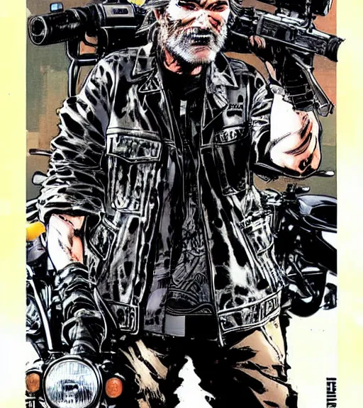 Image similar to kurt russell the biker criminal, comic book art, by yoji shinkawa and takehiko inoue and kim jung gi, masterpiece, perfect