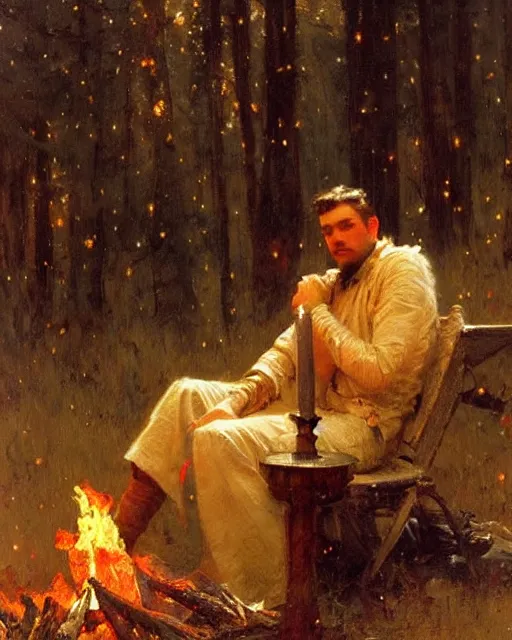 Image similar to very very attractive man counts the stars from beside the fire, his tent is nearby, melancholy, nostalgia, painting by gaston bussiere, craig mullins, j. c. leyendecker