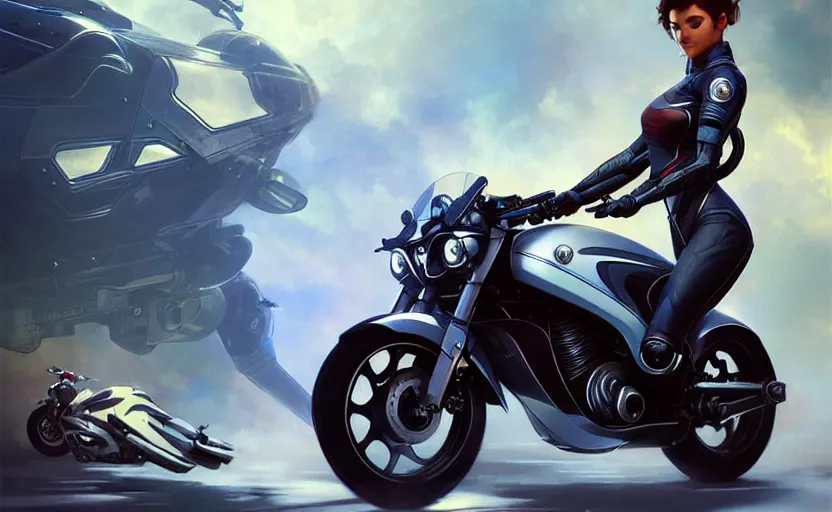 Image similar to Police female riding yamaha motorcycle, sci-fi, highly detailed, digital painting, artstation, concept art, smooth, sharp focus, illustration, art by artgerm and greg rutkowski and alphonse mucha