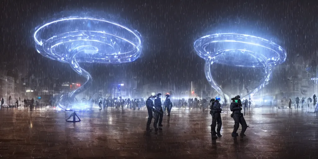 Image similar to policemen protecting a huge spiral - shaped bright white luminous attractor right in the center of the city from protesting people,, rain and light fog, professional lighting, concept art in 3 d, high detail, professional lighting, unreal engine