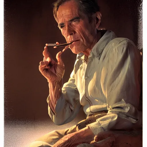 Image similar to a highly detailed epic cinematic concept art CG render digital painting artwork costume design: Henry Fonda as a 1950s tired disillusioned poet, barefoot, smoking a cigarette. volumetric lighting. By Greg Rutkowski, in the style of Francis Bacon and Syd Mead and Norman Rockwell and Beksinski, open ceiling, highly detailed, painted by Francis Bacon and Edward Hopper, painted by James Gilleard, surrealism, airbrush, Ilya Kuvshinov, WLOP, Stanley Artgerm, very coherent, triadic color scheme, realistic facial expression, art by Takato Yamamoto and James Jean