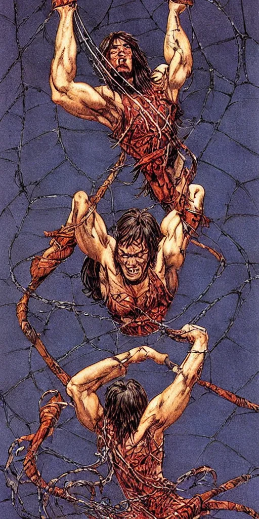 Image similar to “ conan the barbarian leaping to attack a giant black spider, red eyes ” “ a beautiful woman is tied up in spider webs ” val semeiks, barry windsor smith, john buscema, ernie chan, earl norem.