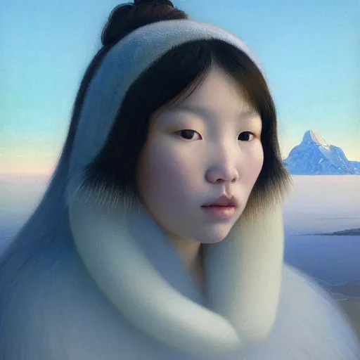 Image similar to a ultradetailed beautiful painting of a inuit canadian girl by hsiao ron cheng, ngai victo, nivanh chanthara jean delville wlop and dougherty patrick, trending on artstation, alaska, light sparkles, major arcana sky, sharp focus, soft light