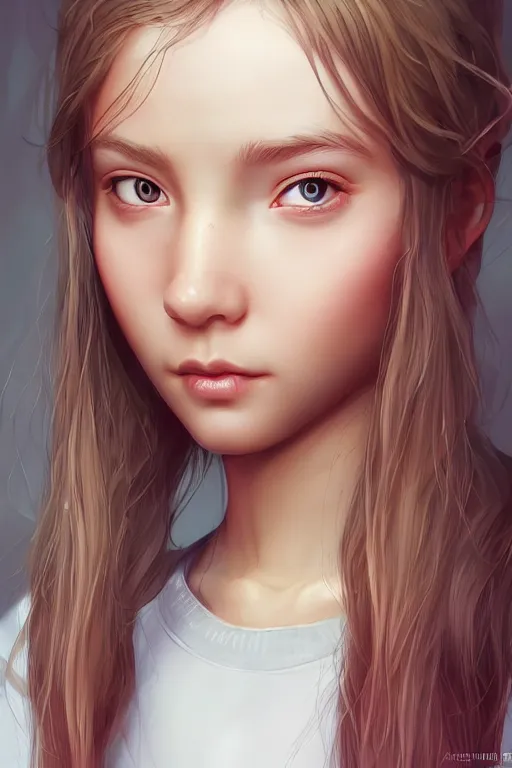 Image similar to very cute girl portrait, highly detailed eyes, intricate details, by artgerm, tooth wu, dan mumford, beeple, wlop, unreal engine 5 rendering