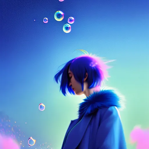 Image similar to blue sparks and bubbles flitting around a flying anime girl with long sky blue hair, low - angle shot from behind, blue coat, fur scarf, ultra fine detail, dark theme, realistic painting, photography, psychedelic, film still, cinematic, wlop, ilya kuvshinov, ismail inceoglu,