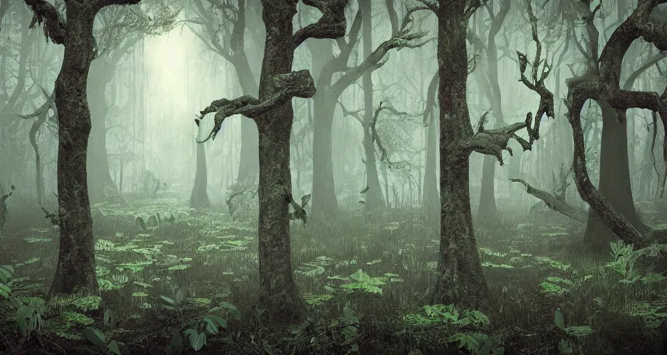 Prompt: A dense and dark enchanted forest with a swamp, by schizophrenia patient