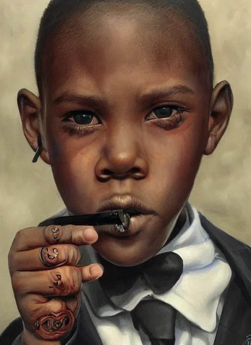 Prompt: portrait of a 7 year old child gang leader, dark gritty, wearing a suit, smoking, very detailed eyes, hyperrealistic, very detailed painting by Glenn Fabry, by Joao Ruas, by Artgerm