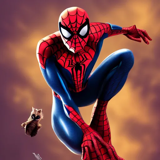 Image similar to spider - man sit on the raccoon and eating donuts, concept art, trending on artstation, highly detailed, intricate, sharp focus, digital art, 8 k