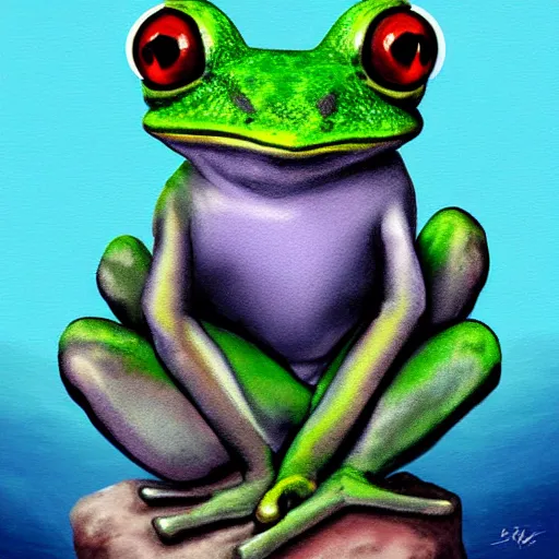 Image similar to cutest frog sitting on a rock and sing, digital painting