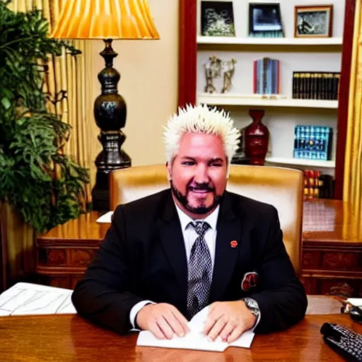 Prompt: President Guy Fieri at his desk in the Oval Office, business suit with flames, award winning photography