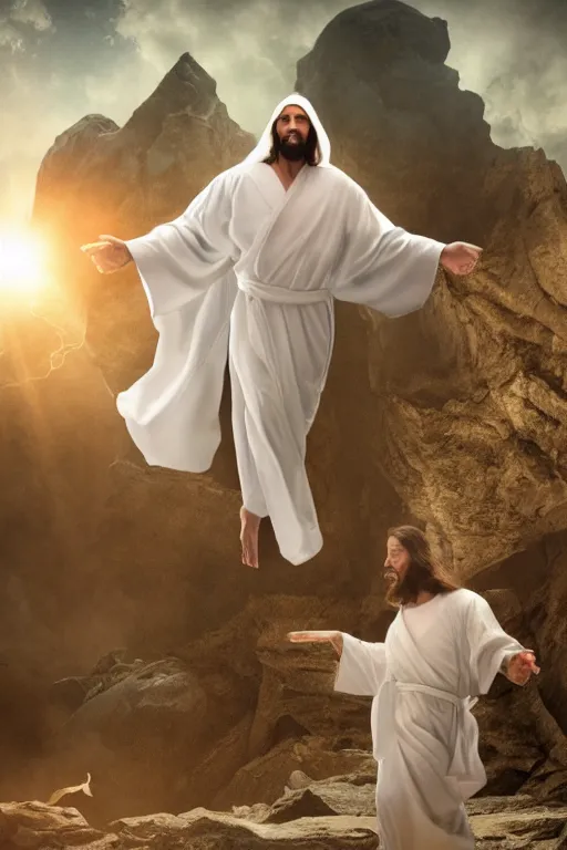 Image similar to jesus christ wearing a white robe strikes a dance pose in the apocalypse, intricate, hyper detailed, accent lighting, dramatic light, 4 k octane render