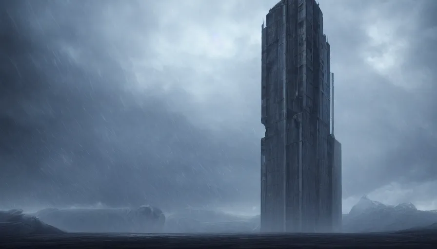 Image similar to brutalist dark omnius powerful tall tower in edge of artic mountains in the distance, volumetric light, storm, hyperdetailed, artstation, cgsociety, 8 k