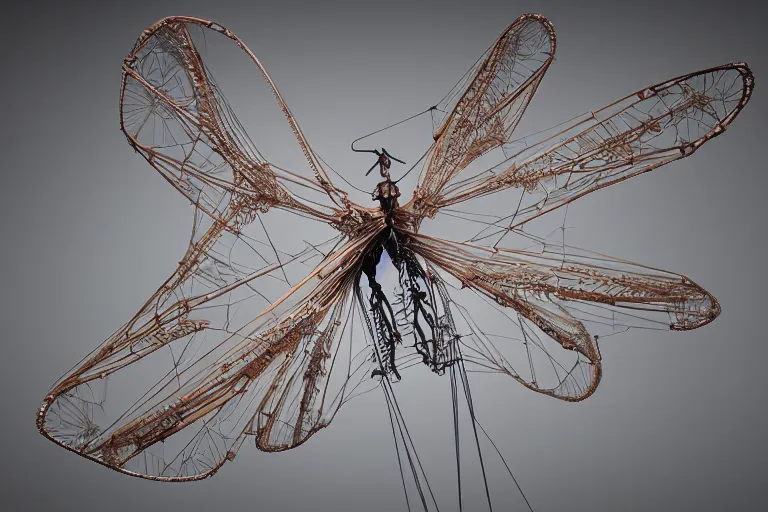 Image similar to an immaculate cel shaded rendering of an enormous biomechanical cyber strandbeest dragonfly in flight. high key lighting. by theo jansen by alberto baisi