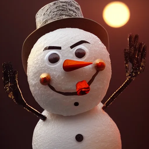 Image similar to a highly detailed snowman with a smile, artstation, DeviantArt, professional, octane render, sunset lighting